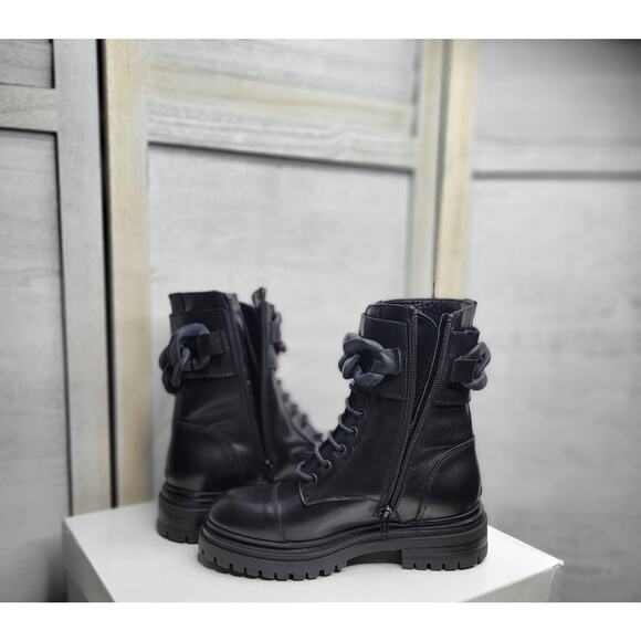 Beautiisoles by Robyn Women Zoey Black Leather Zip Lace up Combat Boots Size 5 - Picture 6 of 13